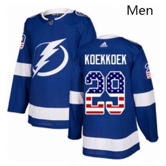 Mens Adidas Tampa Bay Lightning 29 Slater Koekkoek Authentic Blue USA Flag Fashion NHL Jersey